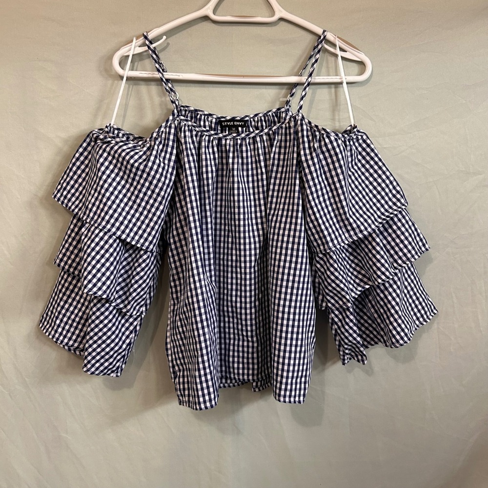 Style Envy Navy Blue Gingham Cold Shoulder Tiered Ruffle Sleeve Top Medium